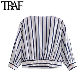 TRAF Moterų Mados sagomis, Dryžuotas Apkarpytos Palaidinės Vintage V Kaklo Trys Ketvirtį Rankovės Moterų Marškiniai, Elegantiškos Viršūnės