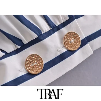 TRAF Moterų Mados sagomis, Dryžuotas Apkarpytos Palaidinės Vintage V Kaklo Trys Ketvirtį Rankovės Moterų Marškiniai, Elegantiškos Viršūnės