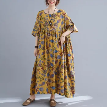 Trumpas rankovės medvilnės derliaus gėlių suknelės moterims atsitiktinis palaidų ilgas vasaros suknelė elegantiškas drabužius 2021 sundress