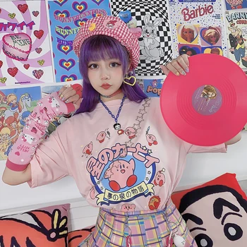 Trumpas Rankovės O-kaklo Moterys T-Shirt Japonijos Harajuku Saldus Animacinių filmų Spausdinti Top Pink Prarasti Mados Atsitiktinis Visas rungtynes, Dugno Marškinėliai