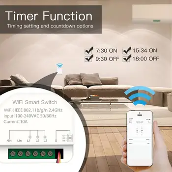 Tuya 10A MINI Wifi Smart Switch Laikmatis 3/2Way 3/2gang Jungikliai Protingo Namo Automatizavimo Moduliai Suderinami Su Alexa 