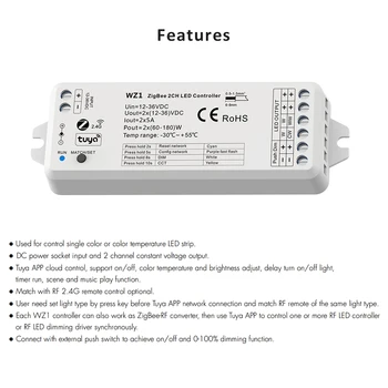 Tuya Zigbee LED šviesos stiprumą 12V 24V DC 2CH 10A Smart Wifi 2.4 G RF Nuotolinio Debesuota Balso Kontrolės Stumti Tamsos BMT Valdytojas WZ1