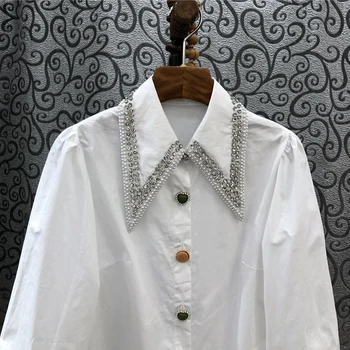 TWOTWINSTYLE Atsitiktinis Kratinys Diamond Marškinėliai Moterims Atvartas ilgomis Rankovėmis Baltos spalvos Elegantiški Marškiniai Moterų Mados Naują Drabužių 2021