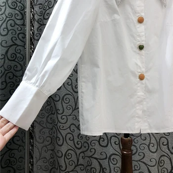 TWOTWINSTYLE Atsitiktinis Kratinys Diamond Marškinėliai Moterims Atvartas ilgomis Rankovėmis Baltos spalvos Elegantiški Marškiniai Moterų Mados Naują Drabužių 2021
