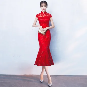 Undinė Kinijos Vakarinę Suknelę Raudonos Spalvos Siuvinėjimo Cheongsam Rytų Stiliaus Šalis Suknelės Rankovių Qipao Kinijos Moterų Drabužiai