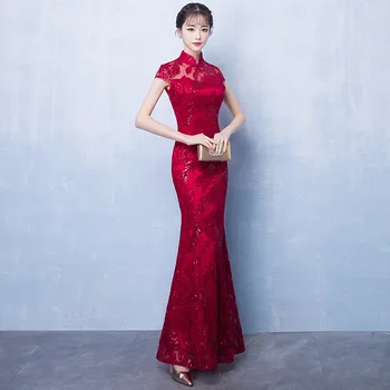 Undinė Kinijos Vakarinę Suknelę Raudonos Spalvos Siuvinėjimo Cheongsam Rytų Stiliaus Šalis Suknelės Rankovių Qipao Kinijos Moterų Drabužiai