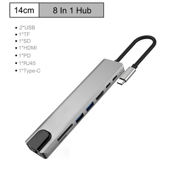USB C Hub 8 1 Multiport C Tipo Adapteris su 4K HDMI Uosto, Ethernet 1000Mbps RJ45 Port, USB-C Maitinimo Pristatymo, TF/SD Card Reade