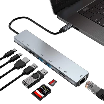 USB C Hub 8 1 Multiport C Tipo Adapteris su 4K HDMI Uosto, Ethernet 1000Mbps RJ45 Port, USB-C Maitinimo Pristatymo, TF/SD Card Reade
