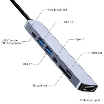 USB C Hub Nešiojamieji C 7-in-1 USB3.1 HDMI Hub SD TF Card Reader Adapteriai Splitter Už 