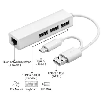 USB, Ethernet su 3 Port HUB USB 2.0+Tipo C RJ45 Lan Tinklo plokštė, USB, Ethernet Adapteris, skirtas 
