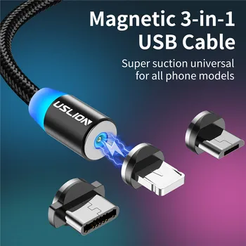 USLION 2m LED Magnetinio USB Kabelį, Tipas C Micro Kabelis USB C Greito Įkrovimo Laidą 