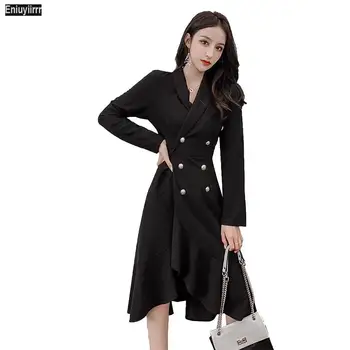 V-kaklo juoda Dvigubo Breasted Išsamiai Asimetrinė Suknelė 2020 M. Rudenį Office Lady Tinka Ir Blyksnius Linijos, Elegantiškas Suknelės
