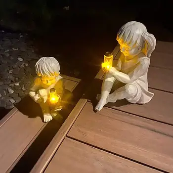 Vaikas Su Saulės Fireflies Sodo Statula Dervos Jar Berniukas Mergaitė Statula Įnoringas Darželis Kieme Lauko Amatų Kiemas Skulptūros Dekoras