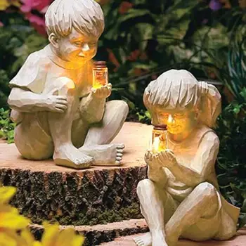 Vaikas Su Saulės Fireflies Sodo Statula Dervos Jar Berniukas Mergaitė Statula Įnoringas Darželis Kieme Lauko Amatų Kiemas Skulptūros Dekoras