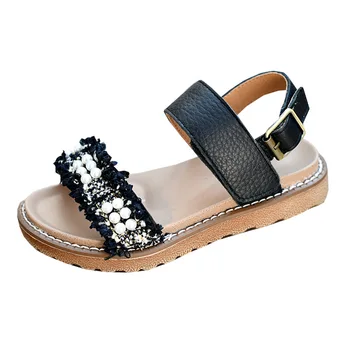 Vaikiški sandalai Odiniai nauja merginų vasaros paplūdimio bateliai, minkštas padas kvėpuojantis 2021 granulių nėrinių mielas sandalai