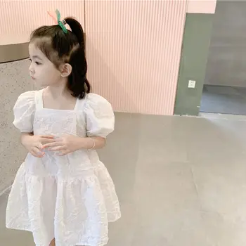 Vaikų 2021 nauja mergina princesė dress white square apykaklės trimatis gėlių burbulas rankovėmis suknelė vaikams drabužių