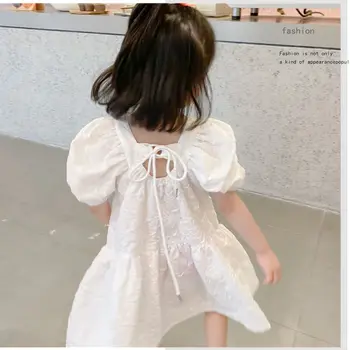 Vaikų 2021 nauja mergina princesė dress white square apykaklės trimatis gėlių burbulas rankovėmis suknelė vaikams drabužių