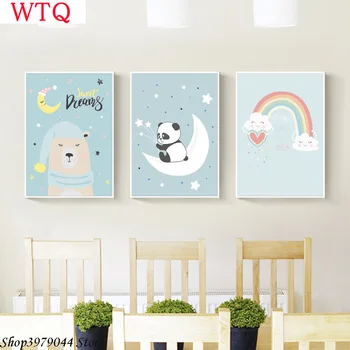 Vaikų Darželio Sienos Meno Animaciją Paveikslai Tapyba Mielas Meškiukas Panda Plakatas Šiaurės Vaivorykštė, Plakatų Ir Grafikos Kūdikio Kambario Puošmena Nuotraukas