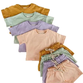 Vaikų Kostiumas 2021 M. Vasarą Berniukų ir Mergaičių Macarons Spalvos Medvilniniai marškinėliai Kūdikiams trumparankoviai marškinėliai Topai, Šortai Dviejų dalių Kostiumas