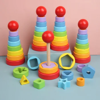 Vaivorykštė, Krovimas Žiedas Bokštas montessori Žaislai, Mediniai Vaivorykštės Bokštas Žaislai Geometrinis Stack Cup Švietimo Dėlionės, Žaislų Vaikams