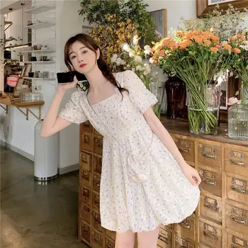 Vasaros Fėja Gėlių Suknele Moterys Sluoksniuotos Rankovėmis Korėjos Elegantiškas Kawaii Suknelė Moterų Kratinys Princesė Saldus Šalis Mini Suknelė 2021