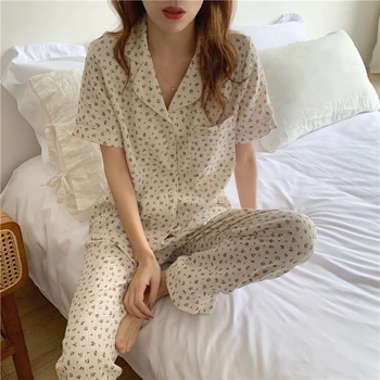 Vasaros homewear sleepwear moterų pižama trumpomis rankovėmis nustatyti savo ruožtu doan apykaklės viršaus kelnes 2 dalių komplektas namų drabužių gėlių spausdinti