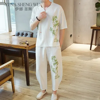 Vasaros Japonų Kimono Mada Kelnes Pusė rankovėmis T-shirt Kostiumas Vyrams Japonija Spausdinti Kinijos Harajuku Stiliaus Drabužių Rinkinius, Nauji Kostiumai