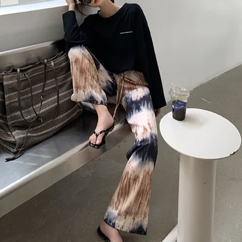 Vasaros Kaklaraištis Dažų Pločio Kojų Kelnės Palaidi Kelnės Moterims Korėjos Stiliaus Elastinga Juosmens Sutraukimo Juostelę Streetwear Atsitiktinis Ilgos Kelnės 2021