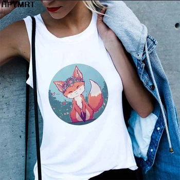 Vasaros kawaii fox spausdinti tankų Moterų mielas Liemenė moteriška Harajuku Seksualus baltas viršūnes rankovių drabužių Streetwear Draugei dovana