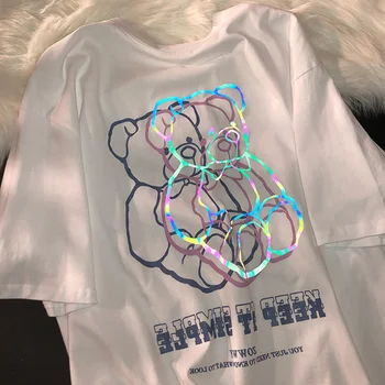 Vasaros Moterų marškinėliai 2021 Naujas Prarasti Atsitiktinis Atspindintis Bear Linijos Spausdinimo Estetinės Streetwear Mados Derliaus Pagrindinės Viršūnės