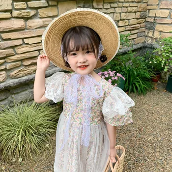 Vasaros Naują Atvykimo korėjos stiliaus mergina gėlių trumpas rankovės nėrinių princesė dress saldus mados suknelė cute kūdikių mergaitės