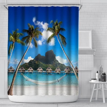 Vasaros Paplūdimio Bangos Palmių Dekoracijos Vandeniui Dušo Užuolaidos Kraštovaizdžio Vonios kambarys 3D Dušo Užuolaidos Pobūdžio su Kabliukais 180x180cm