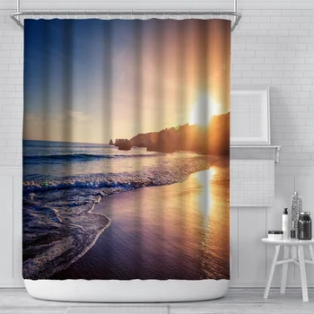 Vasaros Paplūdimio Bangos Palmių Dekoracijos Vandeniui Dušo Užuolaidos Kraštovaizdžio Vonios kambarys 3D Dušo Užuolaidos Pobūdžio su Kabliukais 180x180cm