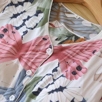 Vasaros Pižama Moterų V-Kaklo Single-breasted Gėlių Sleepwear Plonas Minkštas Viskozės Homewear Rudenį Trumpas Rankovės Moterų Namų Kostiumas
