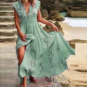 Vasaros Rankovių Prarasti Atsitiktinis Paplūdimio Suknelė Vestido Naujas V Kaklo Kutas Boho Ilga Suknelė Moterims, Elegantiškas Gėlių Spausdinti Maxi Šalis Suknelė