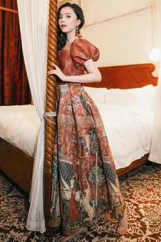Vasaros Retro Royal Ilga Suknelė Moterims Derliaus Spausdinimo Sluoksniuotos Rankovėmis Aikštėje Apykaklės Kulkšnies Ilgis Long Maxi Suknelės Vakarėlis