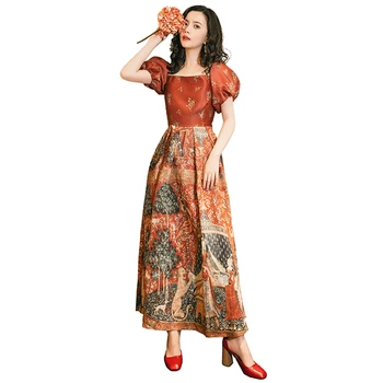 Vasaros Retro Royal Ilga Suknelė Moterims Derliaus Spausdinimo Sluoksniuotos Rankovėmis Aikštėje Apykaklės Kulkšnies Ilgis Long Maxi Suknelės Vakarėlis