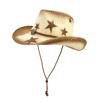 Vasaros saulė kepurės moterims, vyrams, panama platus kraštų vėjo virvę džiazo kepurės vakarų kaubojus spausdinti star atsitiktinis vintage chaki šiaudų skrybėlę naujas