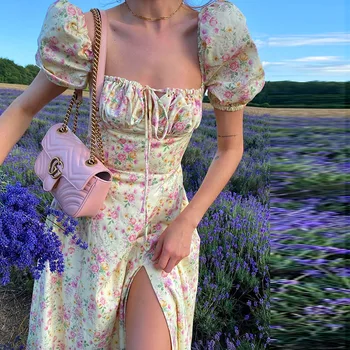 Vasaros Spausdinti Suknelė mados elegantiškas Ritininės maxi suknelė Gėlių Trumpas Sluoksniuotos Rankovėmis Aikštėje Apykaklės Atostogų Suknelė prancūzijos romantiškas, Seksualus
