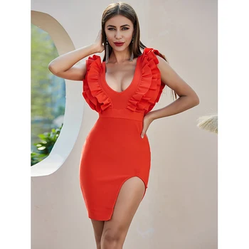 Vasaros Stiliaus Sexy V Kaklo Ruffles Raudona Padalinta Bodycon Moterų Tvarstis Suknelė 2020 Dizainerio Mados Vakarą Šalis Suknelė Vestido