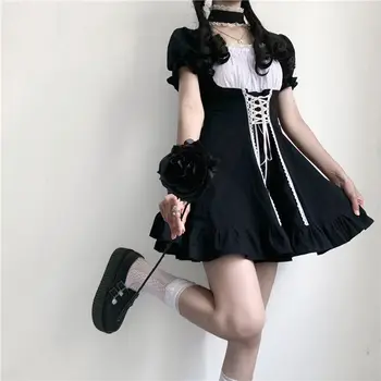 Vasaros Suknelės Moterims 2021 Kawaii Pasakų Drabužius Trumpomis Rankovėmis Dirželis Mini Black Tarnaitė Suknelė Lolita Harajuku Cottagecore Goth