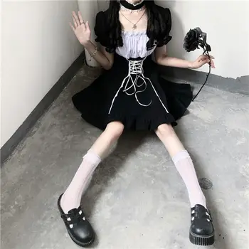 Vasaros Suknelės Moterims 2021 Kawaii Pasakų Drabužius Trumpomis Rankovėmis Dirželis Mini Black Tarnaitė Suknelė Lolita Harajuku Cottagecore Goth