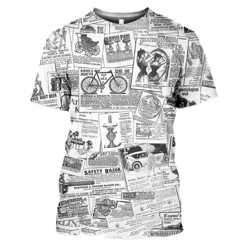 Vasaros vyriški T-Shirt 3D Spausdinimo Senų Laikraščių ir Vyrų, Ir Moterų Top Atsitiktinis Mados Trumpas Rankovės Retro Stiliaus Viršaus