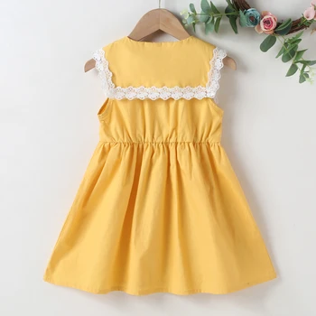 Vasarą Mergina Geltona Gėlių Siuvinėta Suknelė Vaikų Dėvėti Mielas Mados Rankovių Baby Girl Vasaros Atsitiktinis Suknelė