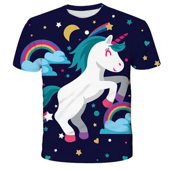 Vasarą Merginos vienaragis Spausdinti marškinėliai mielas 3D unicorno O-Kaklo marškinėlius Merginos NAUJAS Grafinis Tee Vaikams, Cartoon negabaritinių marškinėliai