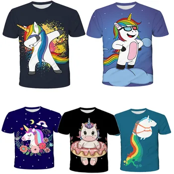 Vasarą Merginos vienaragis Spausdinti marškinėliai mielas 3D unicorno O-Kaklo marškinėlius Merginos NAUJAS Grafinis Tee Vaikams, Cartoon negabaritinių marškinėliai