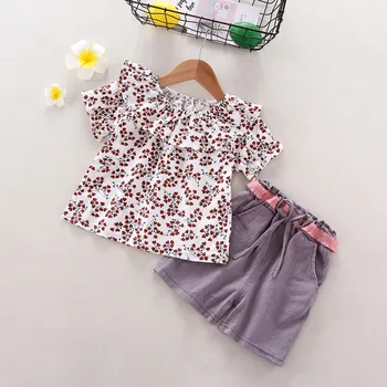 Vasarą naujos vaikų drabužių mergina drabužių Nustatyti atsitiktinis medvilnės gėlių marškinėliai T-shirt + mergina kelnės 2 vnt