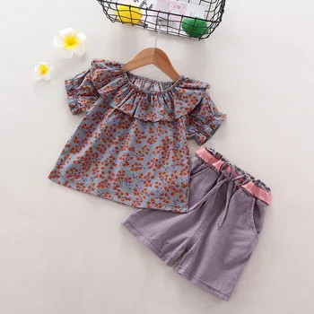 Vasarą naujos vaikų drabužių mergina drabužių Nustatyti atsitiktinis medvilnės gėlių marškinėliai T-shirt + mergina kelnės 2 vnt
