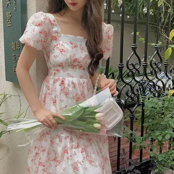 Vasarą Prancūzijos Gėlių Suknelės Moterims Saldus Trumpas Rankovės Boho Suknelės Moterų Korėjos-Line Sukasi Atsitiktinis Šalis 