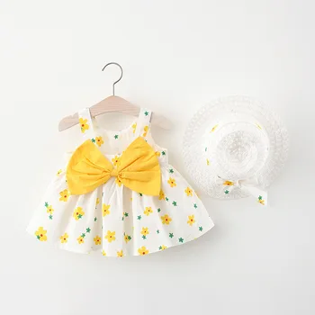 VearDoller Merginos Atsitiktinis Suknelės, Gražių Lankas Apdailos Vaikų Suknelė Gėlių Vaikai Suknelės Mergaitėms su Skrybėlę Baby Girl Dress
